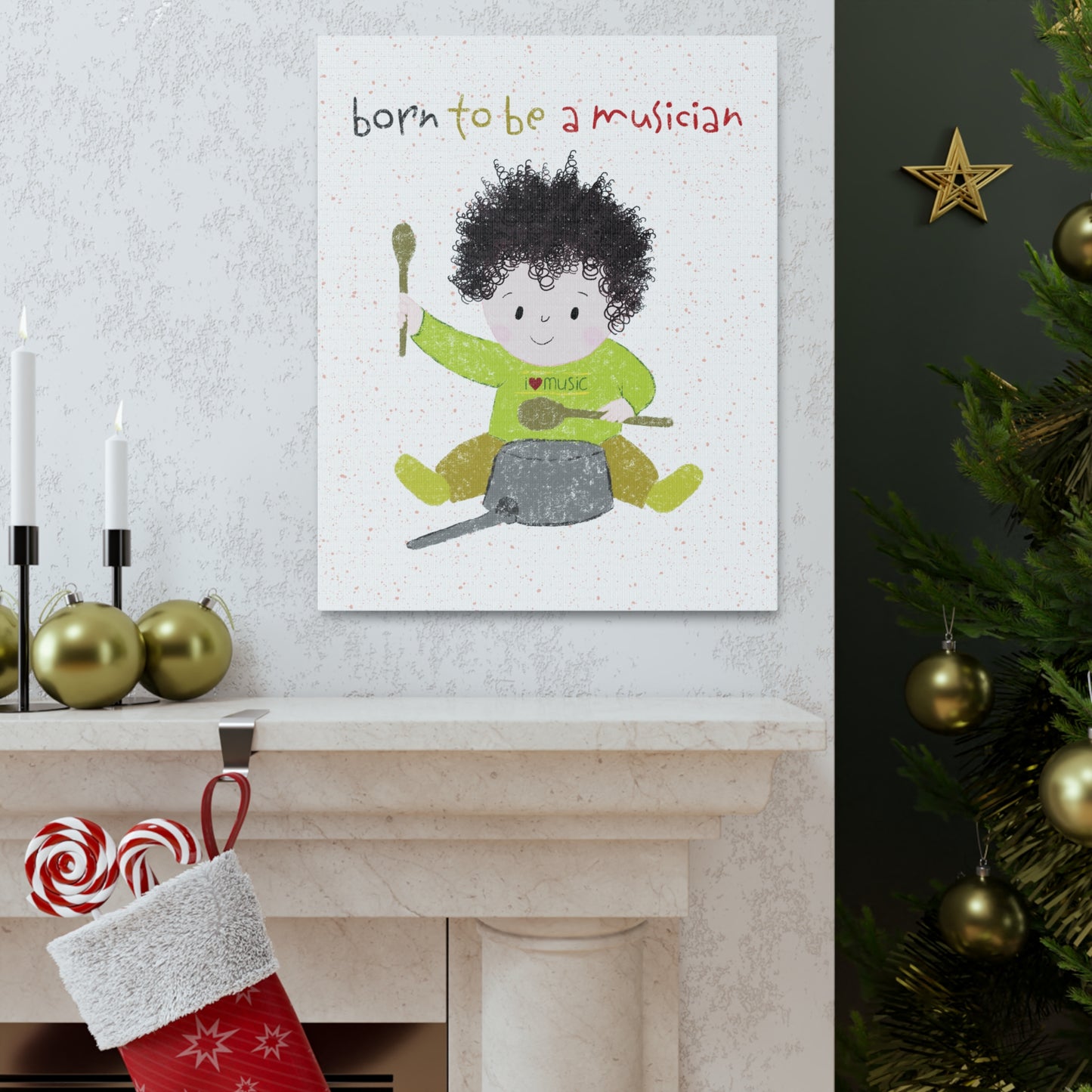 Playful canvas print on a living room wall featuring a cartoon baby boy playing a pot with a wooden spoon, with the text 'Born to be a musician”, on the wall in a living room, free shipping, USA, kidlic 