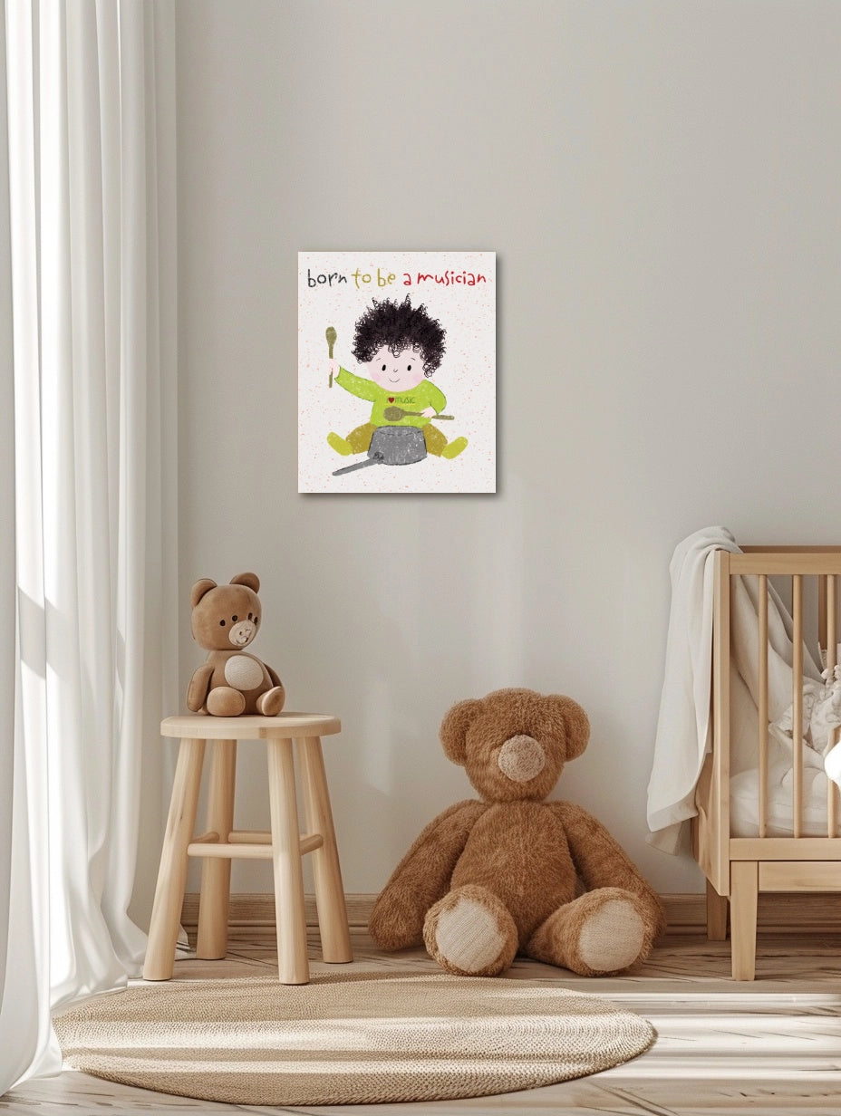 Playful canvas print on the wall in toddler room featuring a cartoon baby boy playing a pot with a wooden spoon, with the text 'Born to be a musician”, free shipping, USA, kidlic