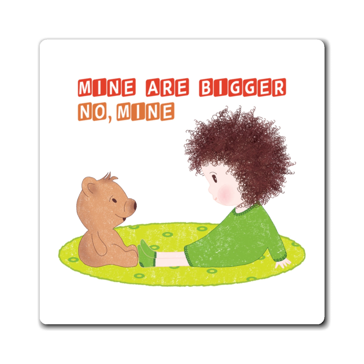 Funny baby fridge magnet with toddler vs teddy showdown – Size Matters in Cuteness design from Kidlic, size 3x3 inch