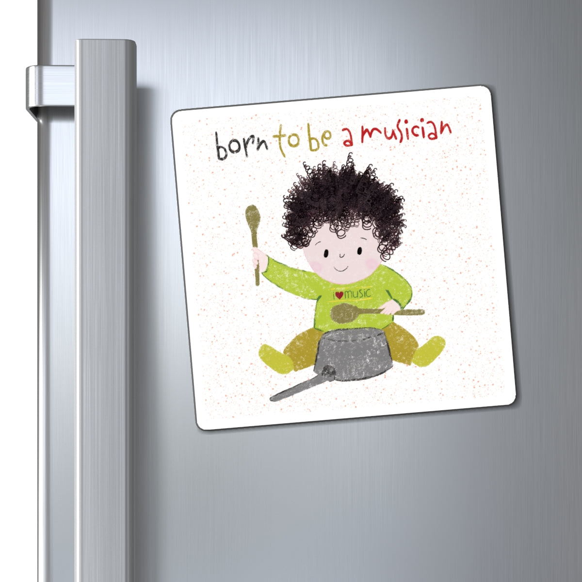 Playful fridge magnet featuring a cartoon baby boy playing a pot with a wooden spoon, with the text 'Born to be a musician”,close-up, size 6”x6”, kidlic



Nursery-Themed Fridge Magnet ‘Little Maestro in Training’, size 6”x6”, close-up, free shipping, kidlic