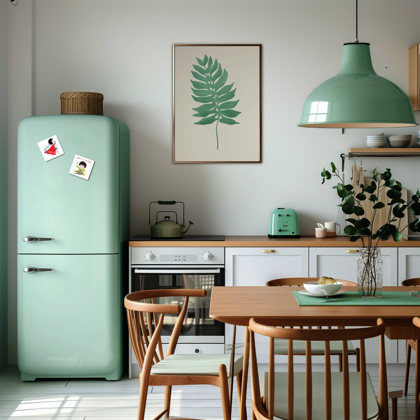 Kitchen fridge with funny nursery magnets on the fridge door, kidlic