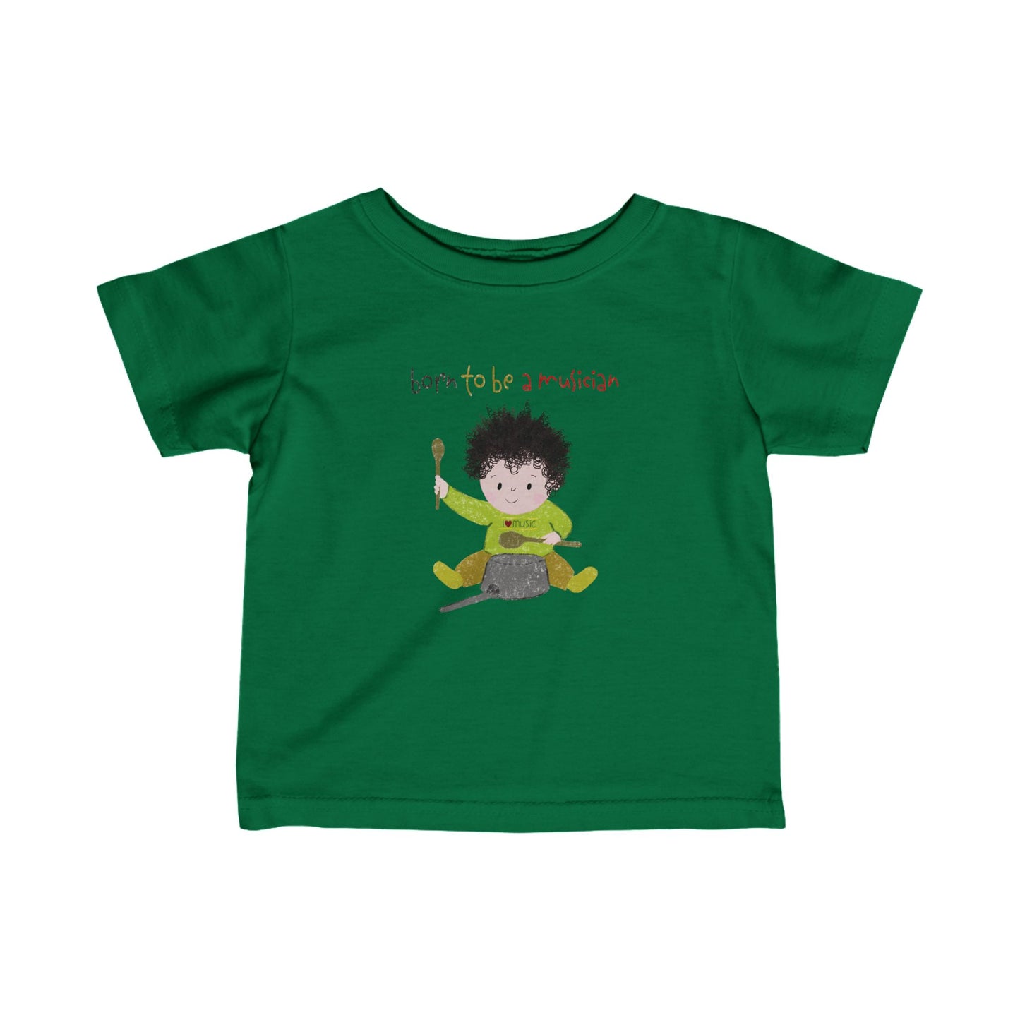 Playful kindergarten top featuring a cartoon baby boy playing a pot with a wooden spoon, with the text 'Born to be a musician’, color: dark green, free shipping, USA, kidlic