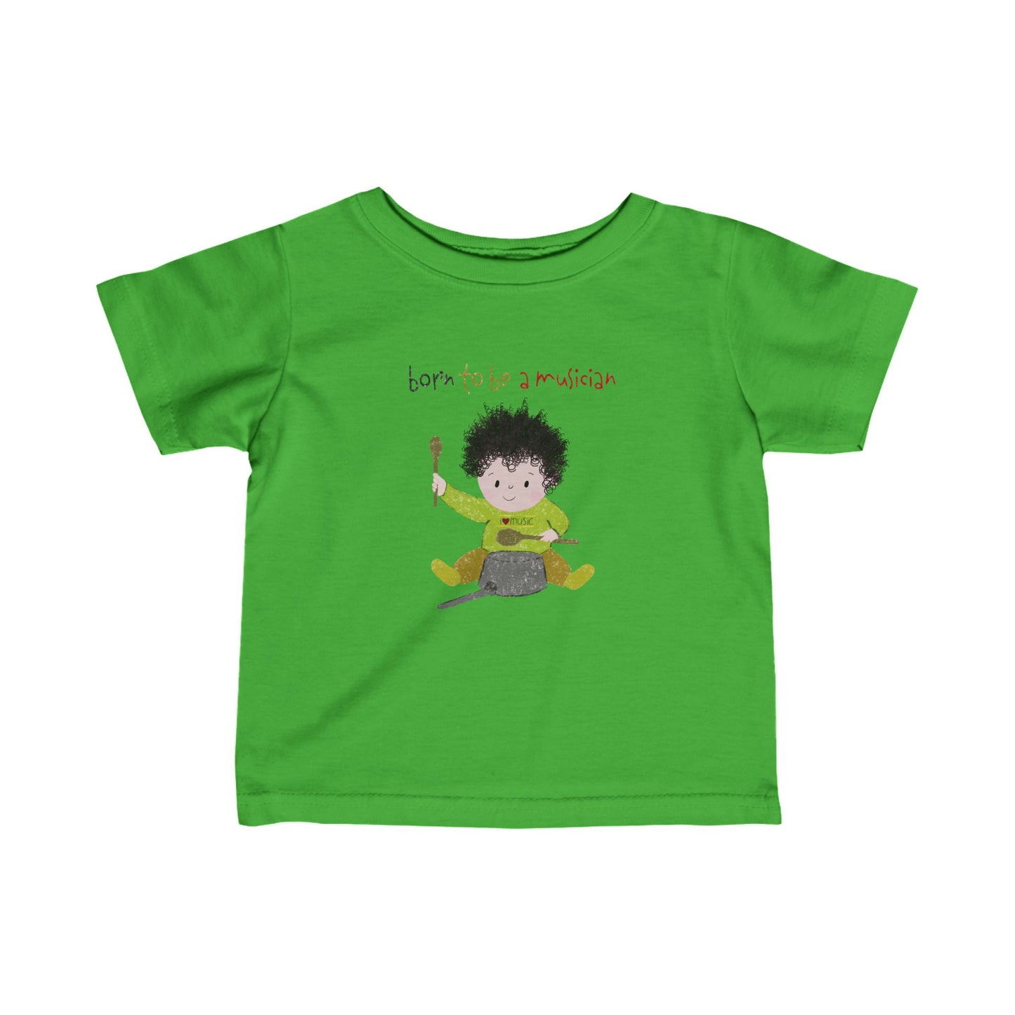 Humorous preschool tshirt featuring a cartoon baby boy playing a pot with a wooden spoon, with the text 'Born to be a musician’, color: green, free shipping, USA, kidlic