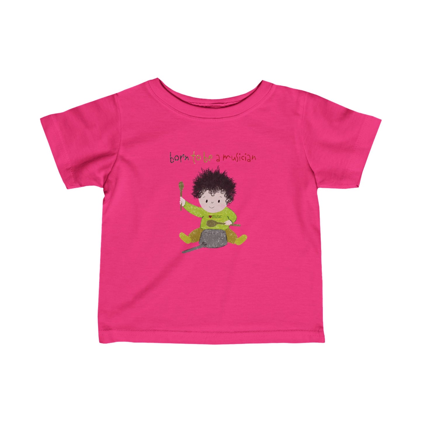 Playful infant tee featuring a cartoon baby boy playing a pot with a wooden spoon, with the text 'Born to be a musician’, color: hot pink, free shipping, USA, kidlic