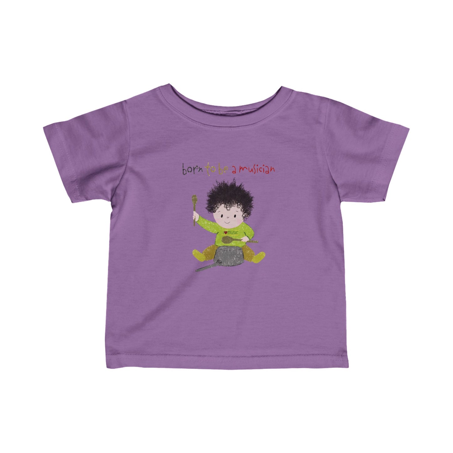 Playful infant t-shirt featuring a cartoon baby boy playing a pot with a wooden spoon, with the text 'Born to be a musician’, color: lavender, free shipping, USA, kidlic