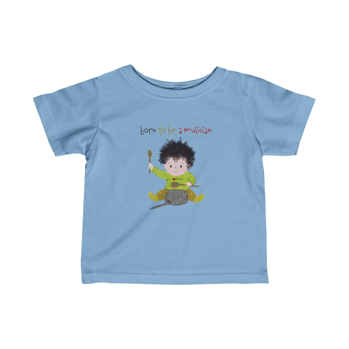 Humorous infant tee shirt featuring a cartoon baby boy playing a pot with a wooden spoon, with the text 'Born to be a musician’, color: light blue, free shipping, USA, kidlic