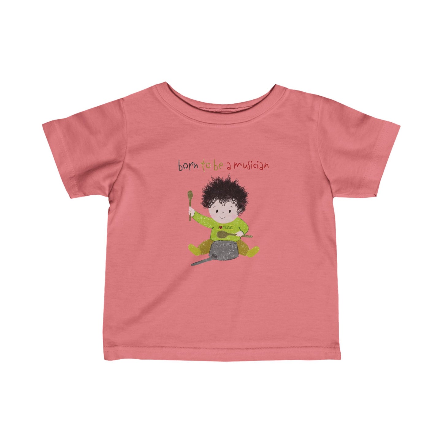 Playful infant tee featuring a cartoon baby boy playing a pot with a wooden spoon, with the text 'Born to be a musician’, color: marvellous, free shipping, USA, kidlic