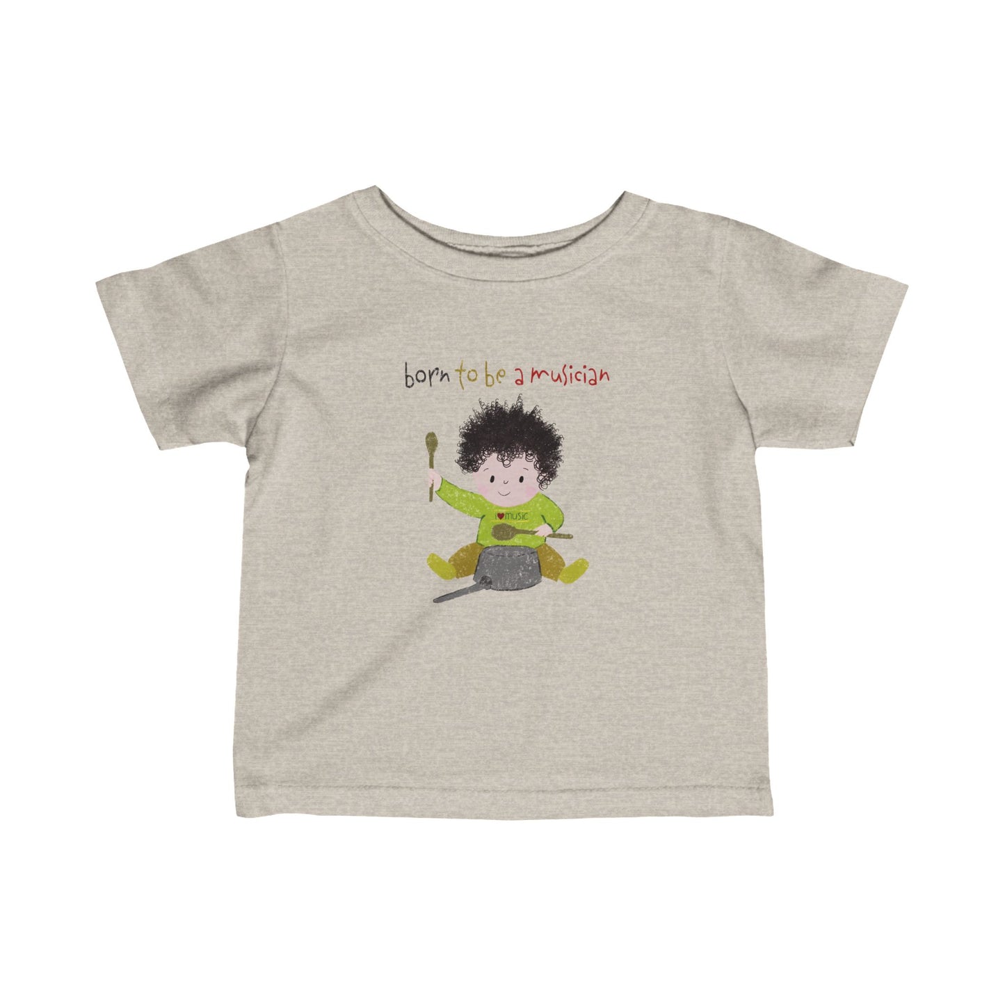 Playful preschool tee featuring a cartoon baby boy playing a pot with a wooden spoon, with the text 'Born to be a musician’, color: natural heather, free shipping, USA, kidlic