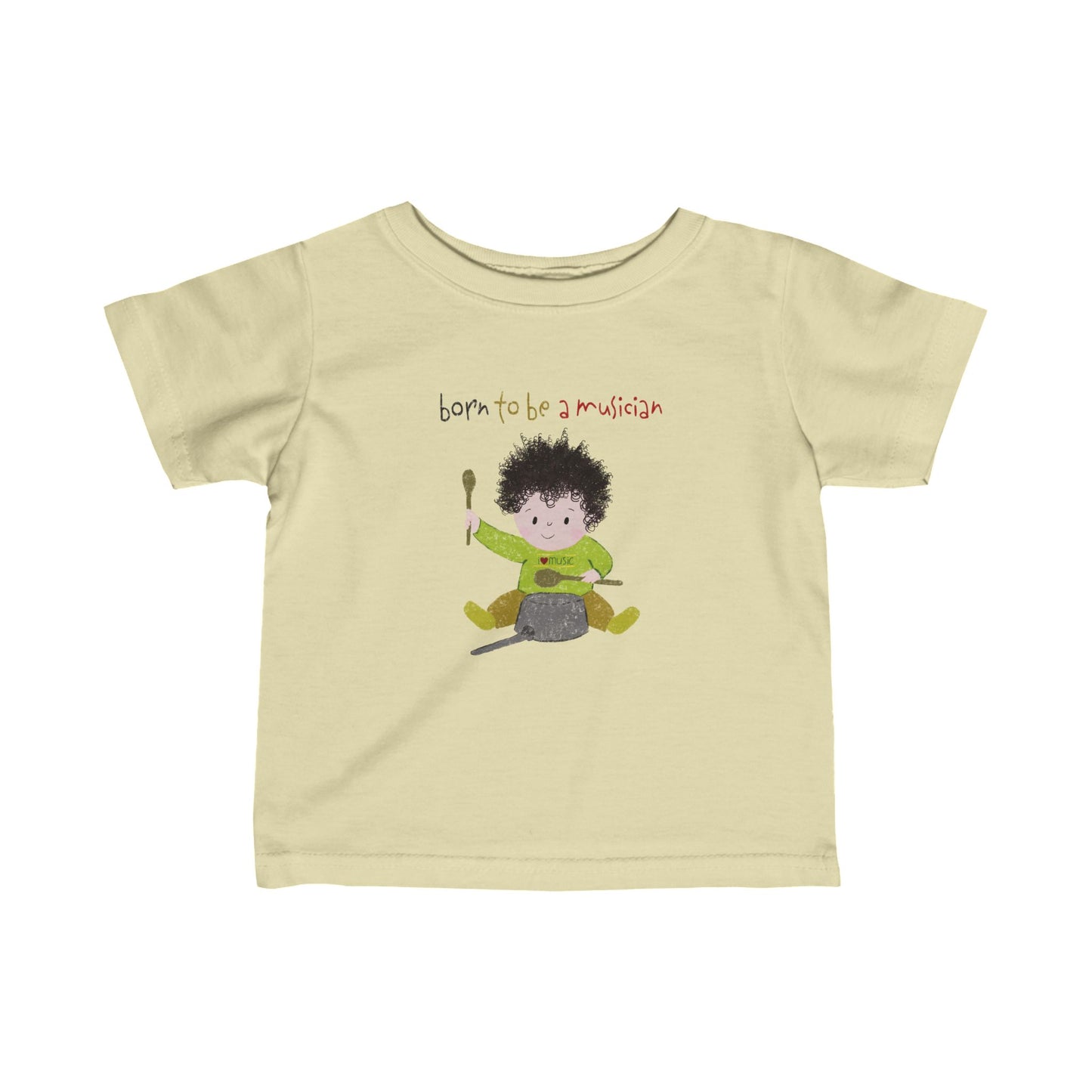 Humorous infant tee featuring a cartoon baby boy playing a pot with a wooden spoon, with the text 'Born to be a musician’, color: natural, free shipping, USA, kidlic