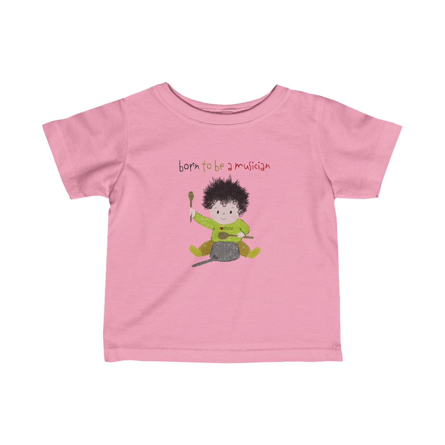 Sweet infant tshirt featuring a cartoon baby boy playing a pot with a wooden spoon, with the text 'Born to be a musician’, color: pink, free shipping, USA, kidlic