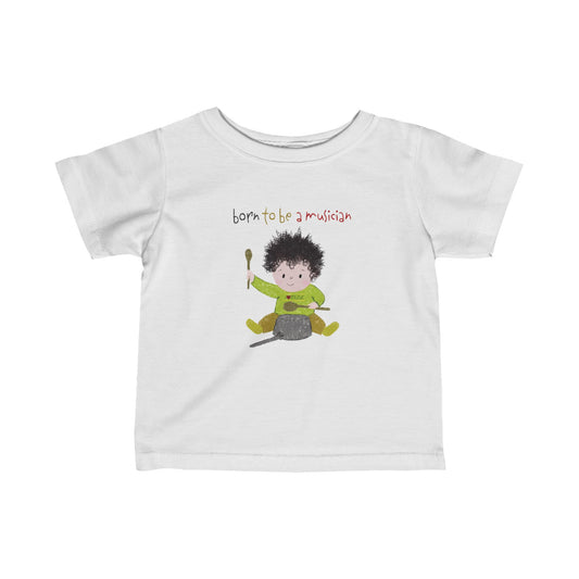 Playful infant tee featuring a cartoon baby boy playing a pot with a wooden spoon, with the text 'Born to be a musician’, color: white, free shipping, USA, kidlic