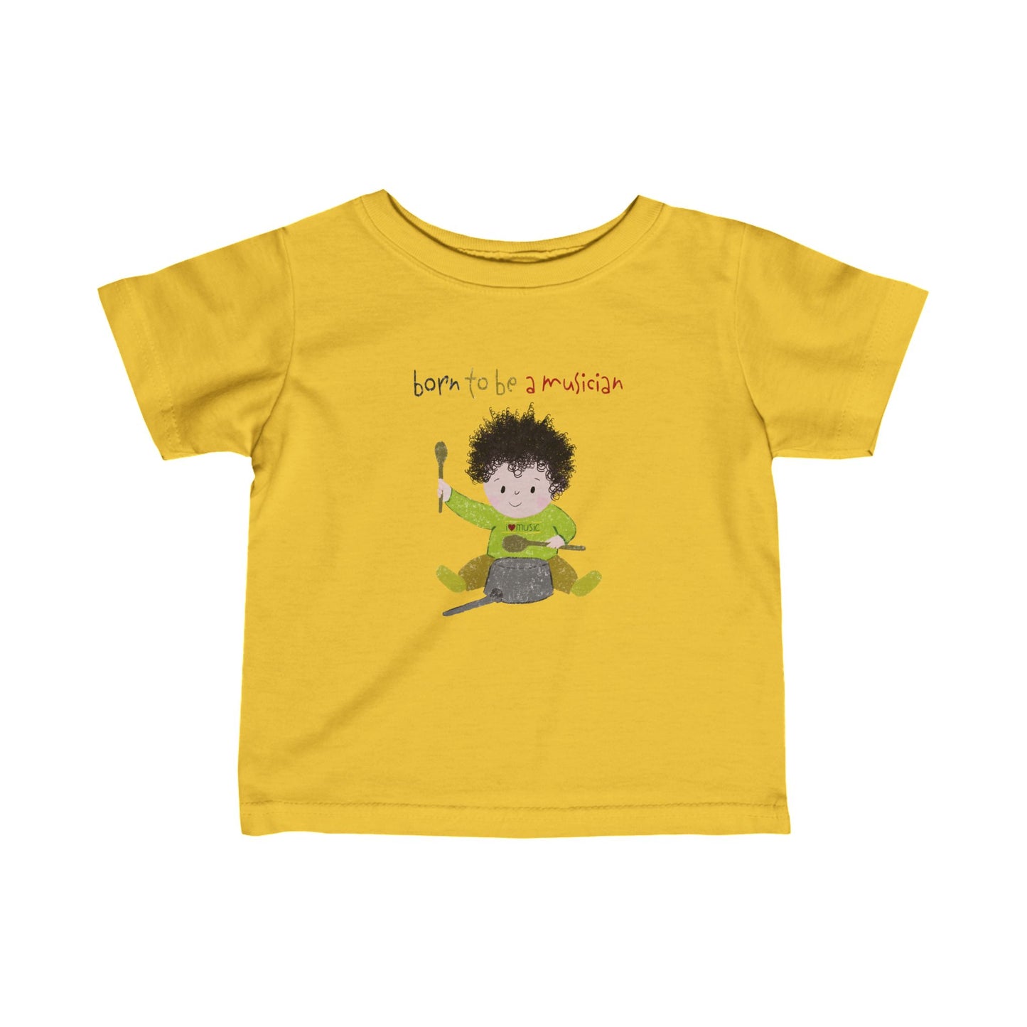 Hilarious infant tee featuring a cartoon baby boy playing a pot with a wooden spoon, with the text 'Born to be a musician’, color: yellow, free shipping, USA, kidlic