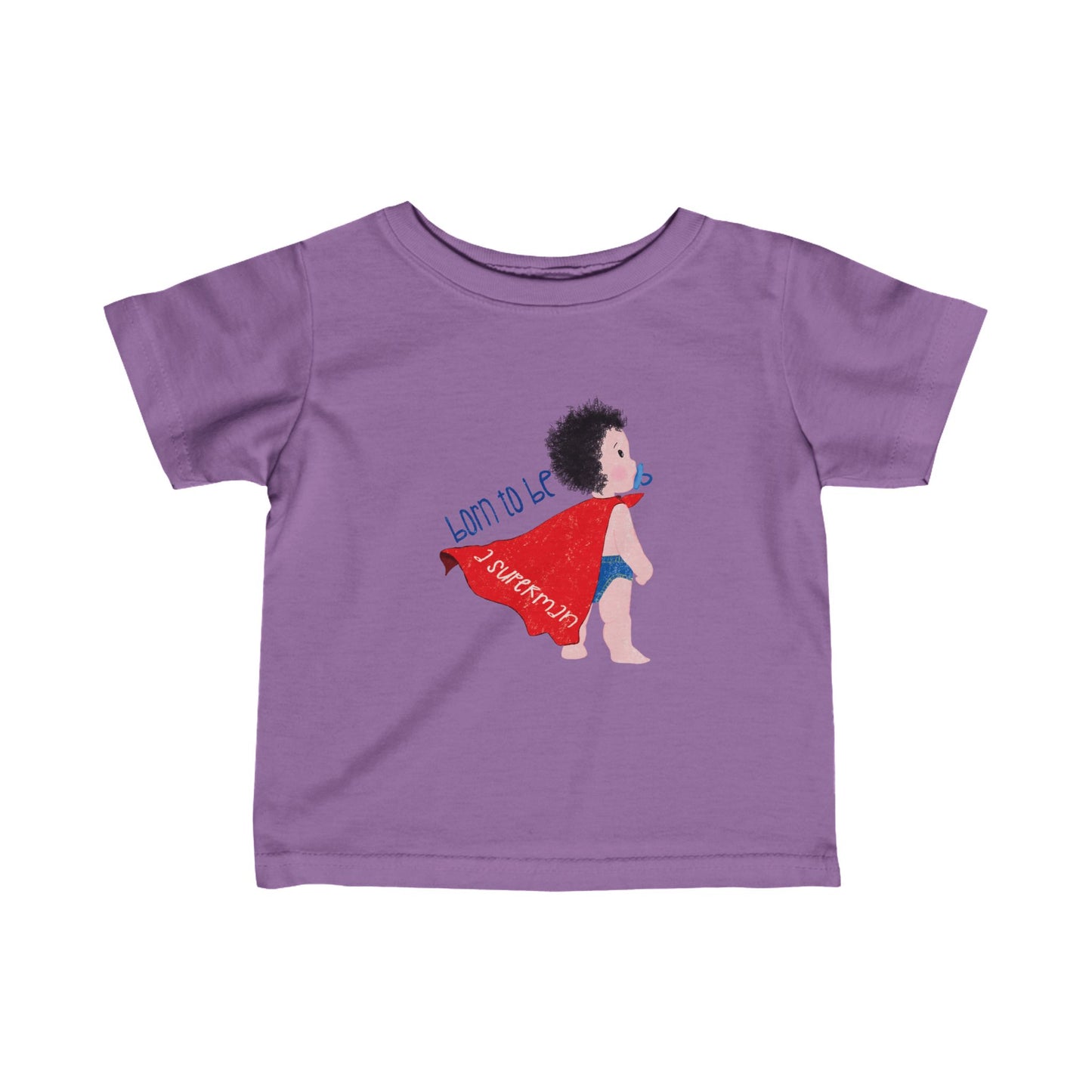 Playful infant t-shirt featuring a cartoon baby with a pacifier, wearing a red cape, with the text 'Born to be a superman’, color: lavender, free shipping, USA, kidlic