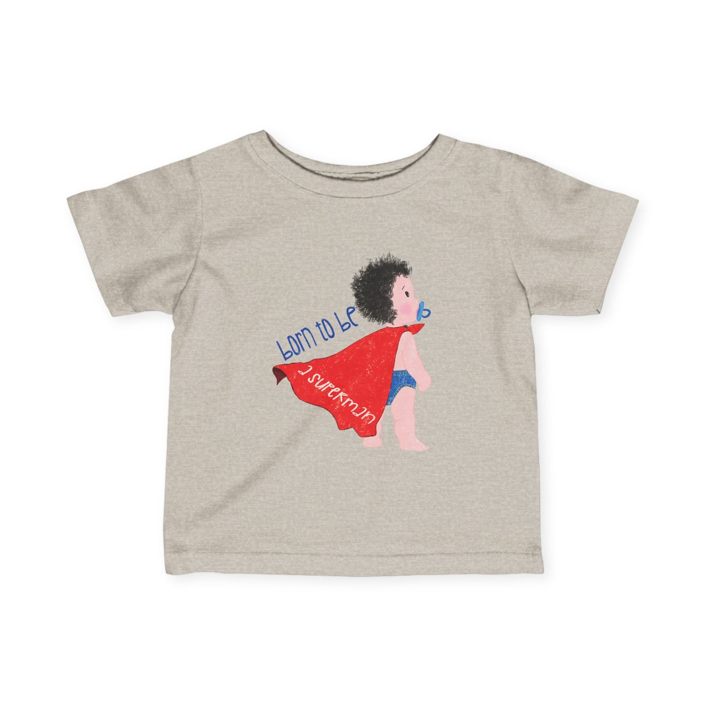 Funny baby superhero T-shirt with a cute baby in a red cape, pacifier and ‘Born to be a Superhero’ text, adorable baby gift