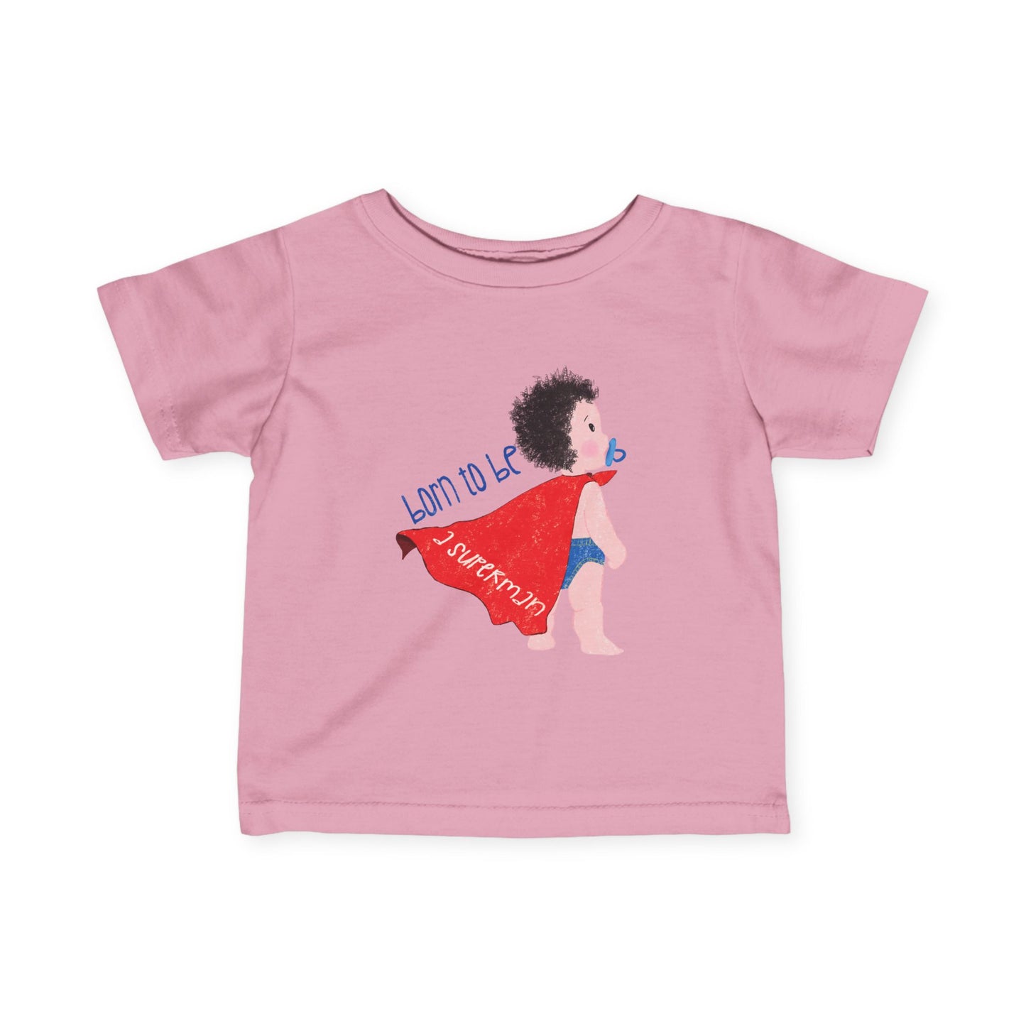 Playful baby tee with a cute superhero baby wearing a red cape and a pacifier 