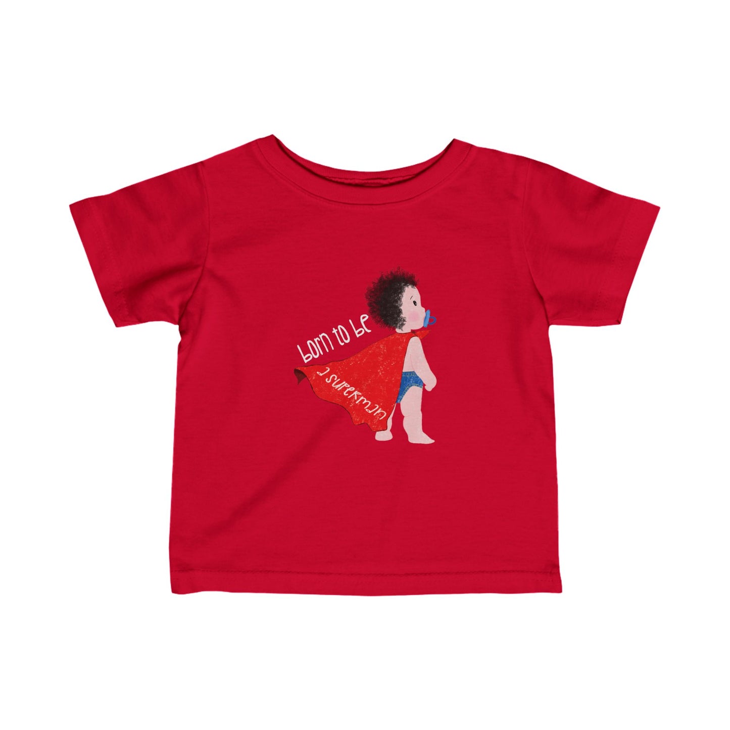 Playful infant tshirt featuring a cartoon baby with a pacifier, wearing a red cape, with the text 'Born to be a superman’, color: red, free shipping, USA, kidlic