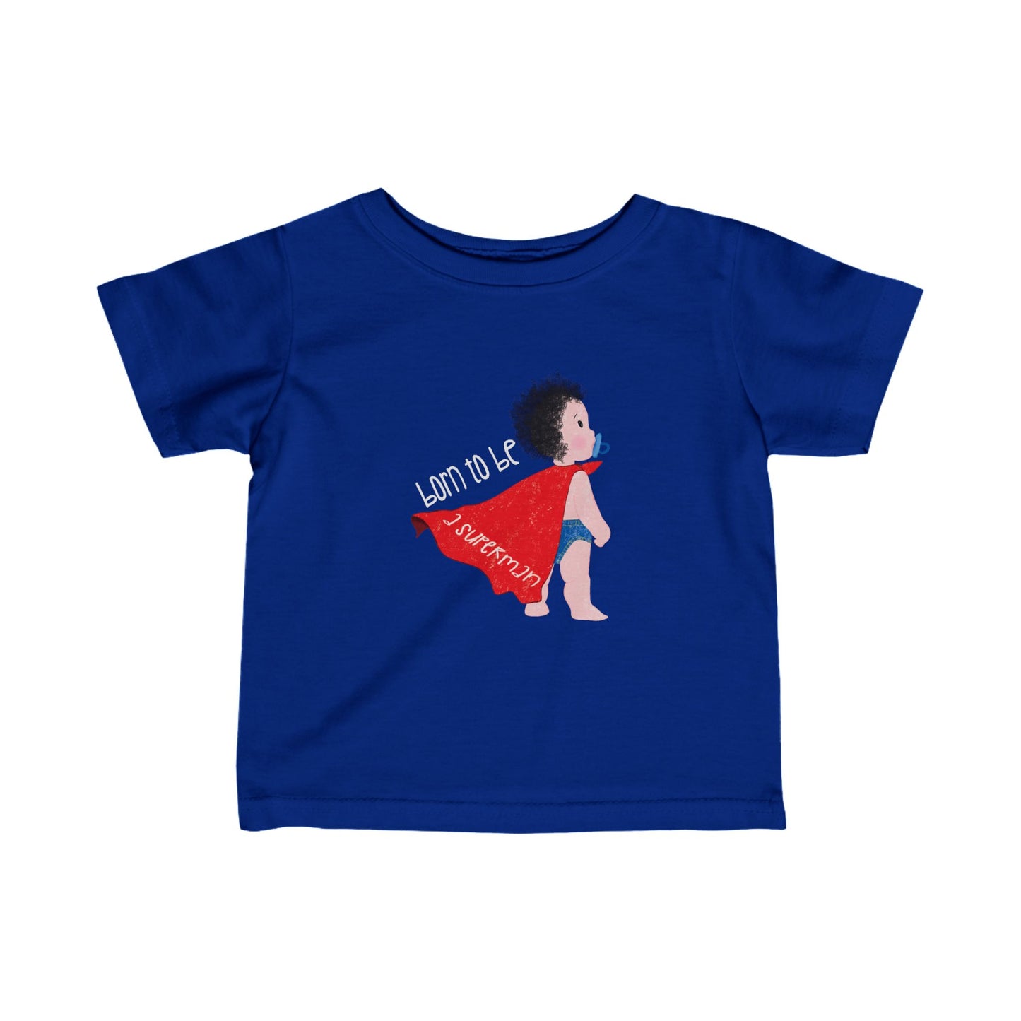 Cute infant tee featuring a cartoon baby with a pacifier, wearing a red cape, with the text 'Born to be a superman’, color: royal, free shipping, USA, kidlic