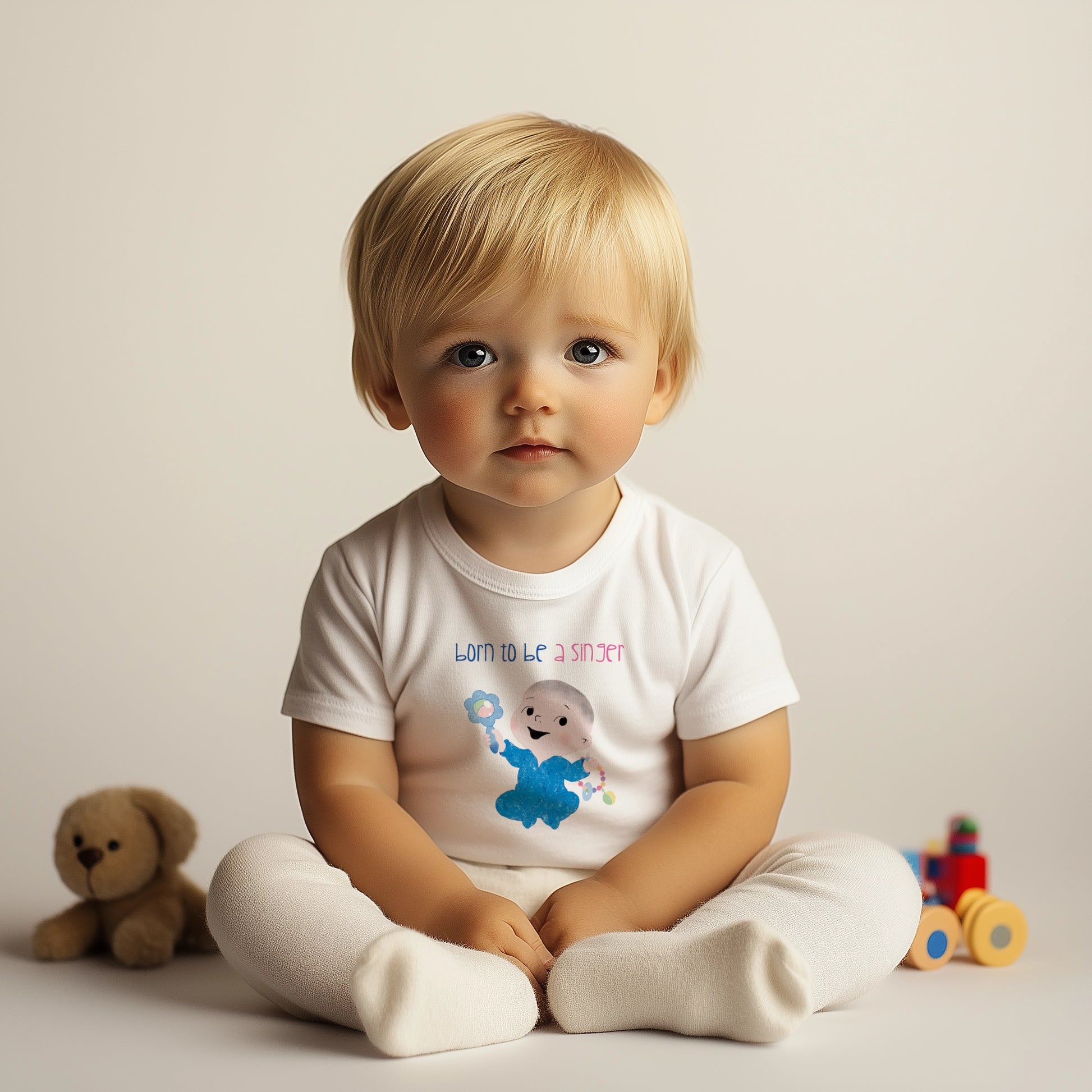 Cute baby boy wearing white tee featuring a cartoon baby boy holding a rattle, with the text "Born to be a singer”, free shipping , USA, kidlic