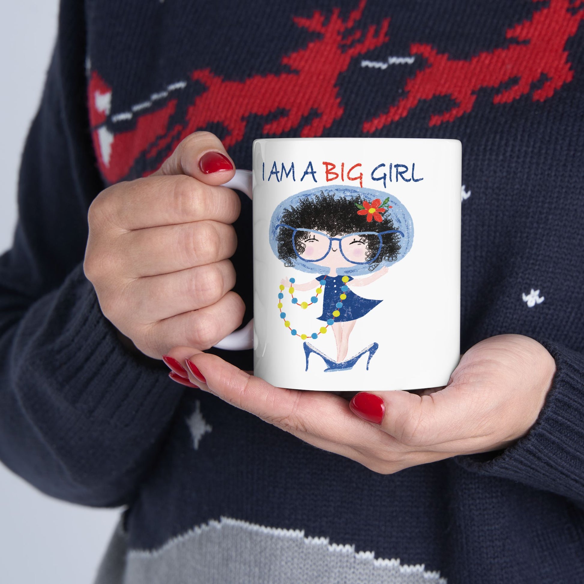 Charming humorous coffee mug featuring a cartoon girl dressed in a blue outfit, wearing oversized glasses, high heels, and a beaded necklace, with the text 'I am a big girl’, size: 11oz, close-up, kidlic