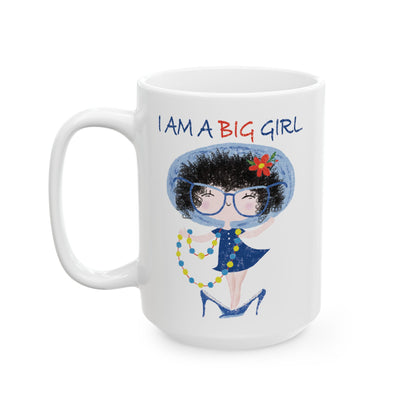 Charming playful coffee mug featuring a cartoon girl dressed in a blue outfit, wearing oversized glasses, high heels, and a beaded necklace, with the text 'I am a big girl’, size: 15oz, kidlic