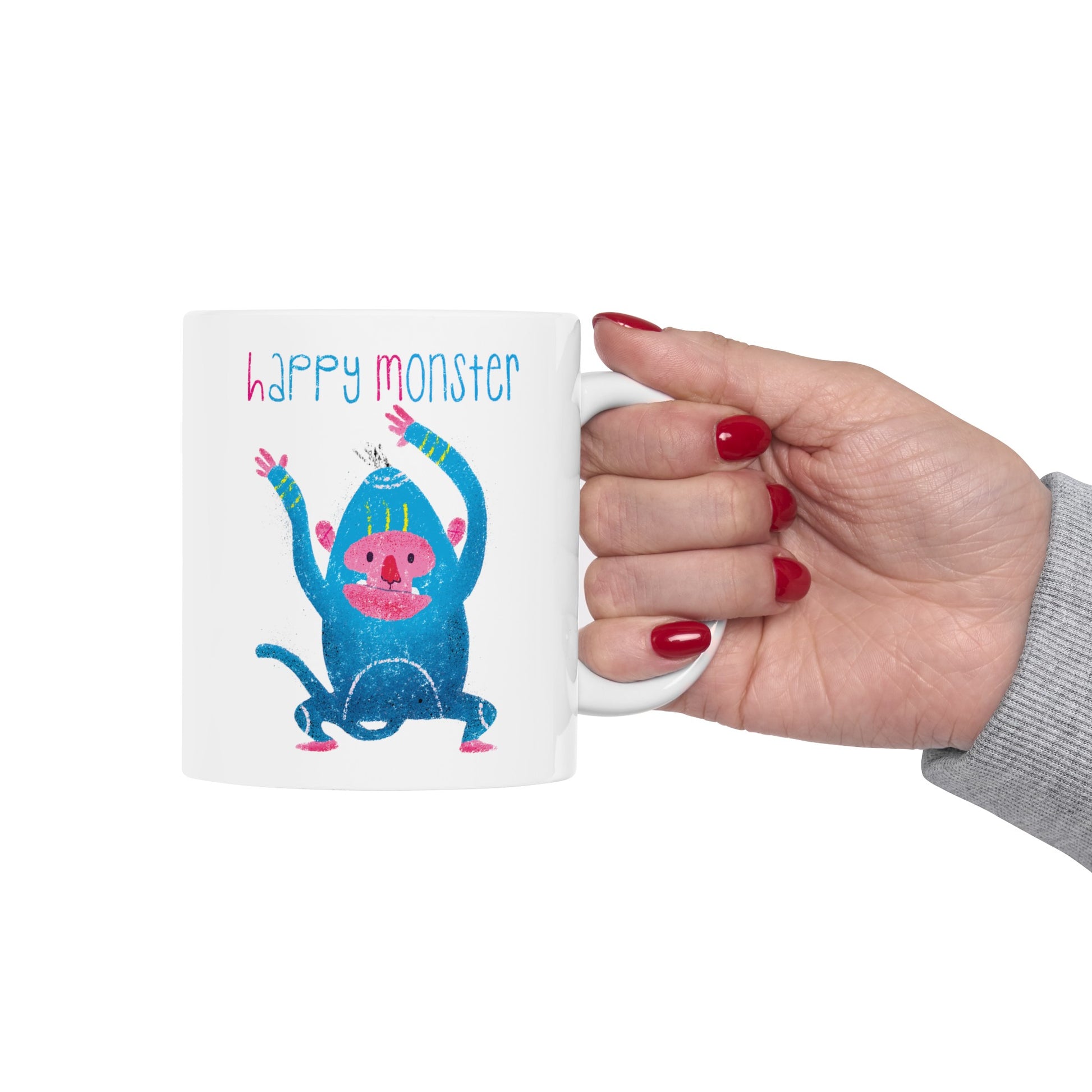 Funny coffee mug featuring smiling blue monster dancing with joy, and the text 'Happy Monster’, 11oz, close-up, kidlic