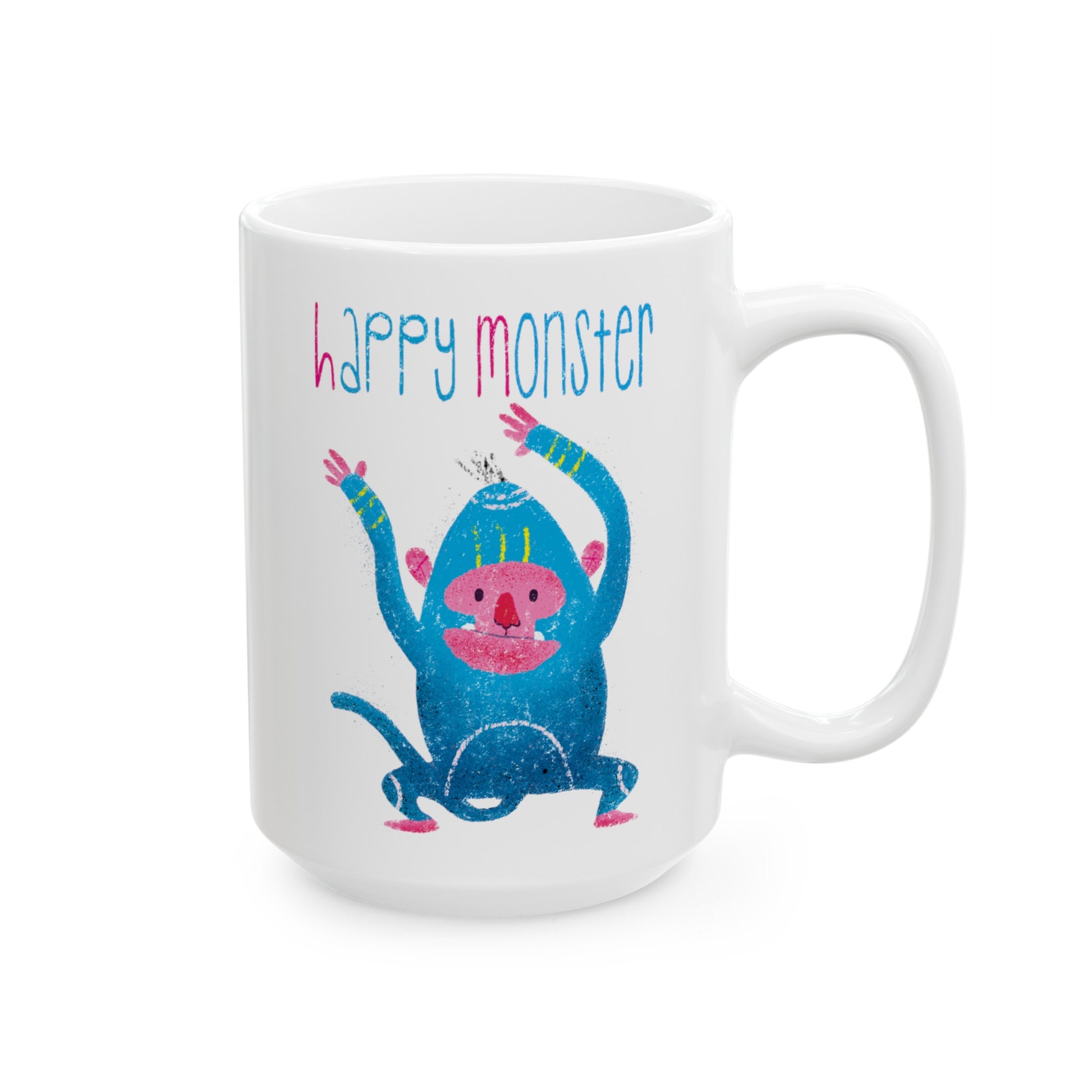 Playful coffee mug featuring smiling blue monster dancing with joy, and the text 'Happy Monster’, 15 oz, free shipping, USA, kilic