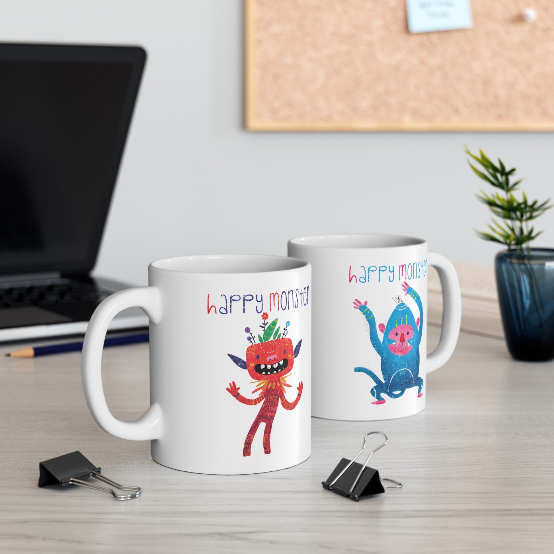 Funny coffee mugs on a desk, kidlic