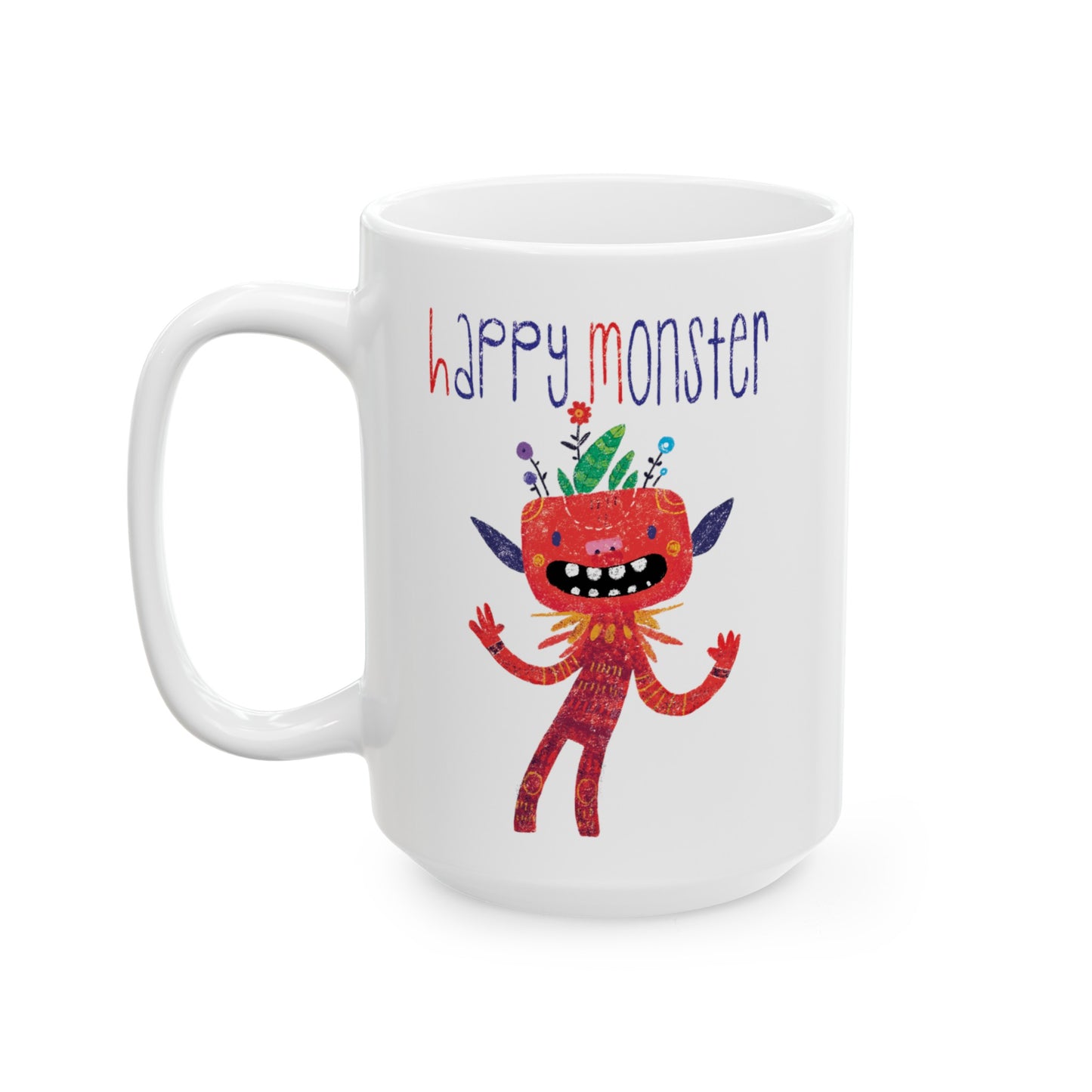 Playful coffee mug featuring a red happy monster bursting with excitement, and the text 'Happy Monster’, 15 oz, kidlic