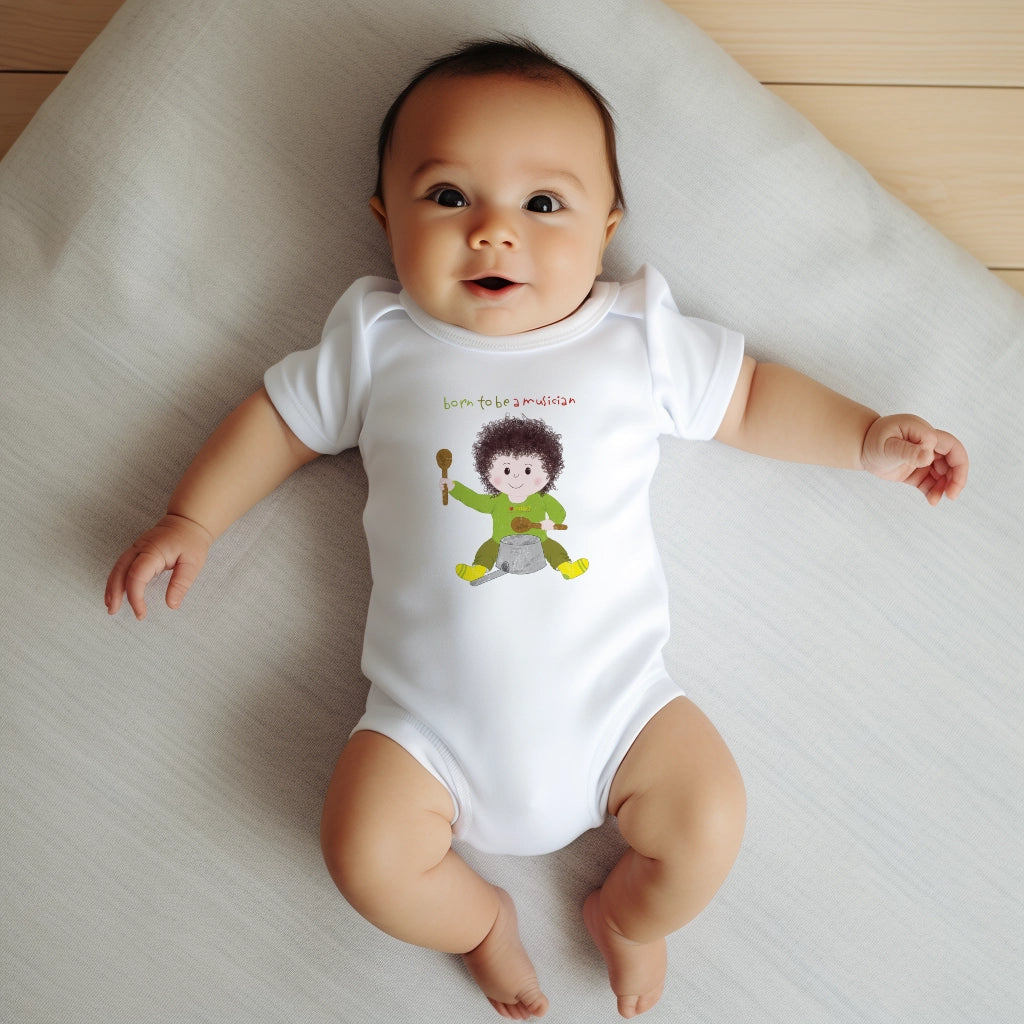 Baby wearing 'Born to Be a Musician' onesie – USA-made gift for new parents, perfect for baby showers across North America.