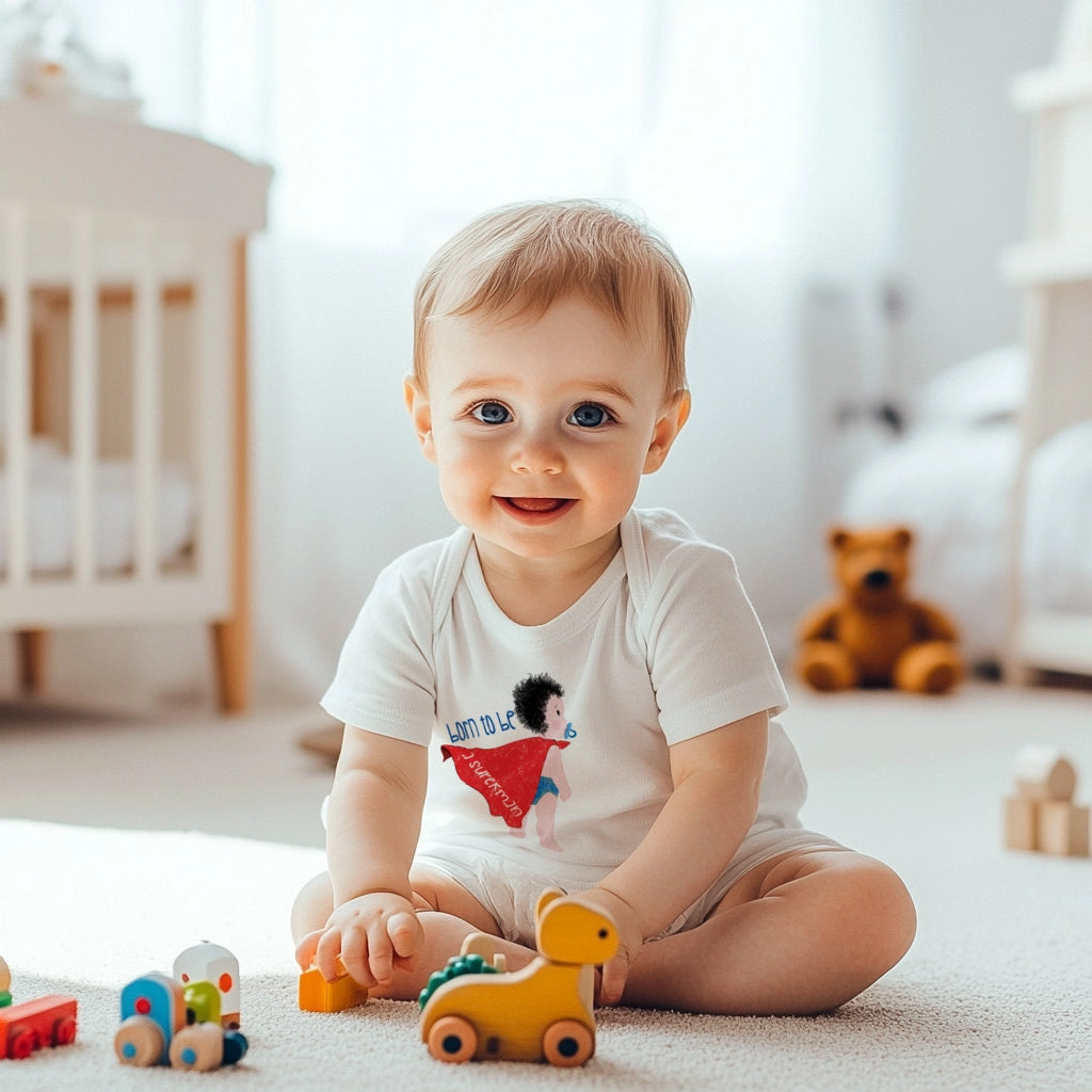 12 month old toddler boy siting on the floor wearing Humorous Organic Baby Onesie featuring a cartoon baby with a pacifier, wearing a red cape, with the text 'Born to be a superman’, free shipping, kidlic