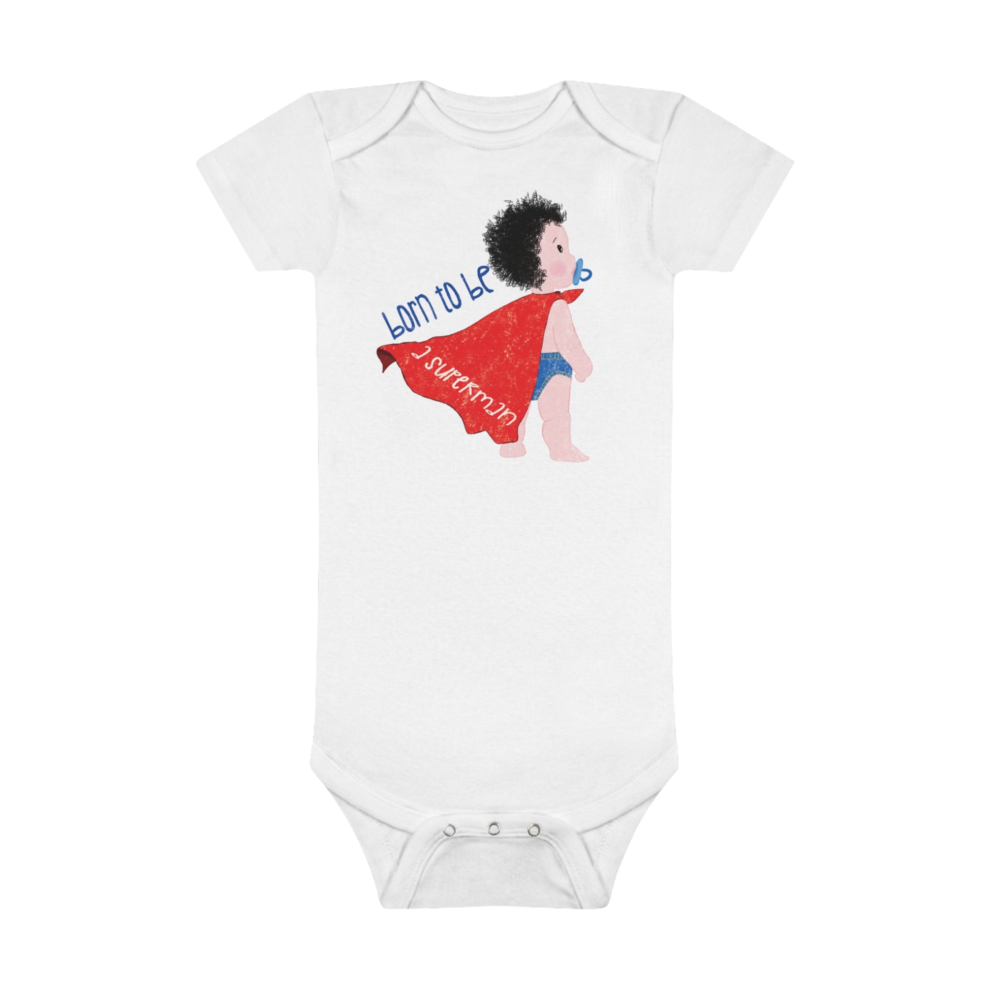 Humorous Organic Baby Onesie featuring a cartoon baby with a pacifier, wearing a red cape, with the text 'Born to be a superman’, free shipping, kidlic