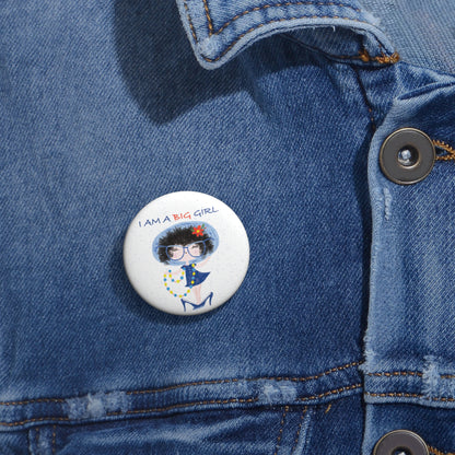 Unique playful nursery fridge magnet featuring a cartoon girl dressed in a blue outfit, wearing oversized glasses, high heels, and a beaded necklace, with the text 'I am a big girl’, size 1”, close-up, kidlic