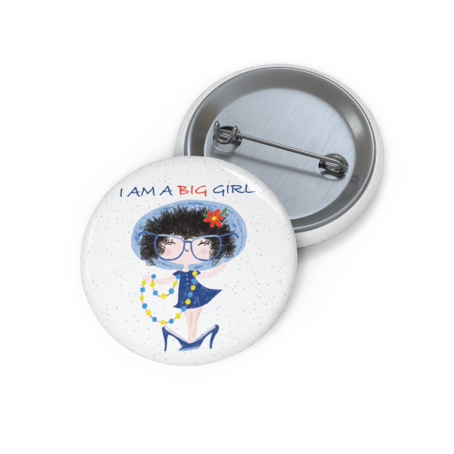 Unique playful nursery fridge magnet featuring a cartoon girl dressed in a blue outfit, wearing oversized glasses, high heels, and a beaded necklace, with the text 'I am a big girl’, size 1”, kidlic