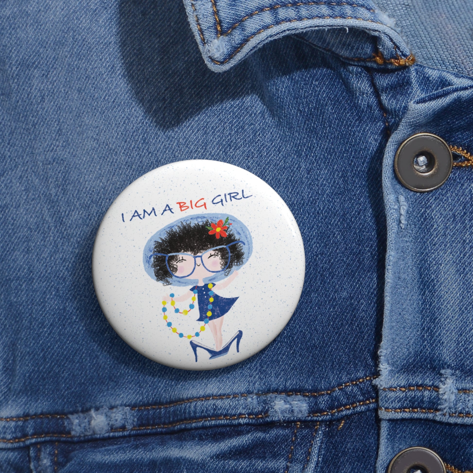 Unique hilarious nursery fridge magnet featuring a cartoon girl dressed in a blue outfit, wearing oversized glasses, high heels, and a beaded necklace, with the text 'I am a big girl’, size 2.25”, close-up, kidlic