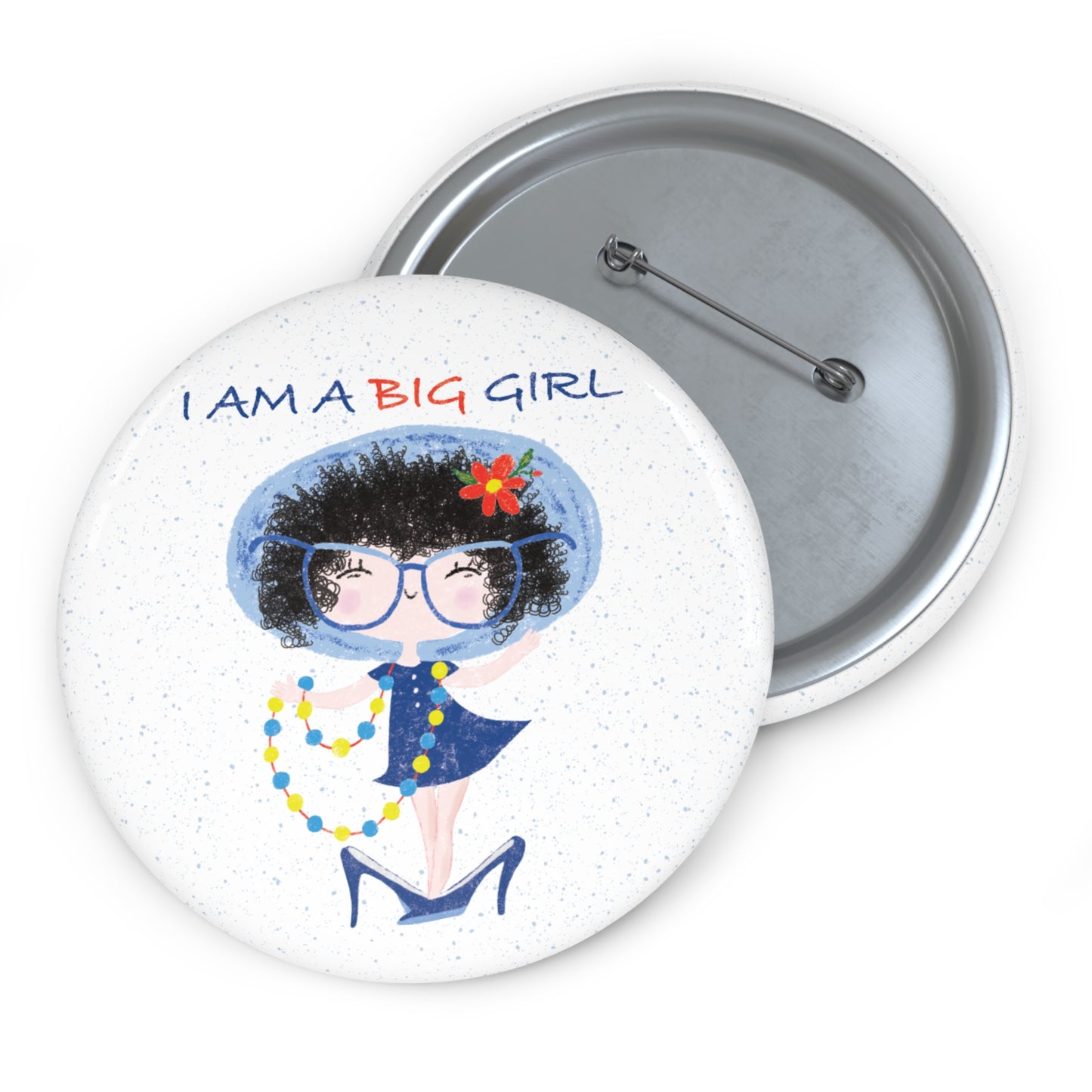 Unique hilarious nursery fridge magnet featuring a cartoon girl dressed in a blue outfit, wearing oversized glasses, high heels, and a beaded necklace, with the text 'I am a big girl’, size 2.25”, kidlic