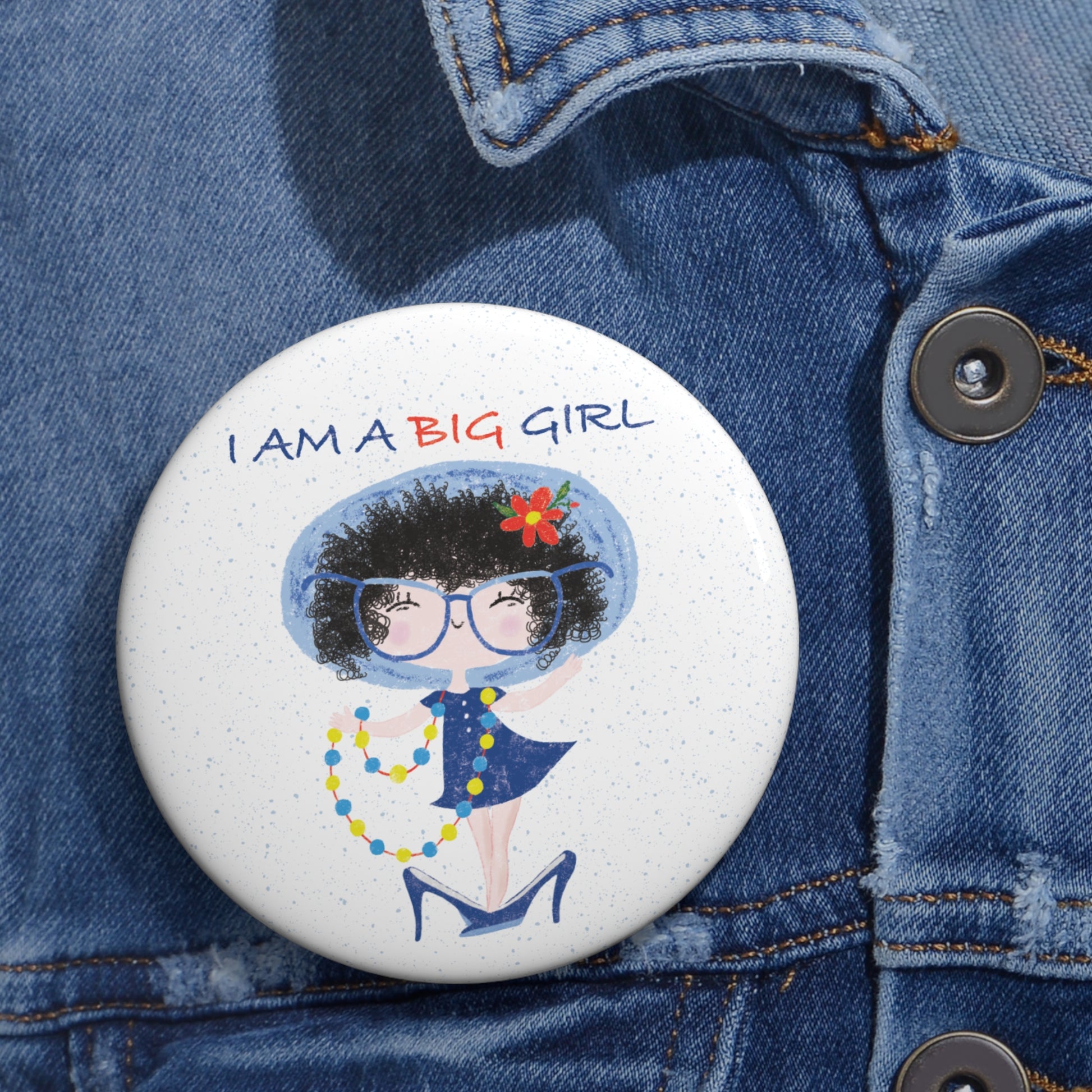 Unique humorous nursery fridge magnet featuring a cartoon girl dressed in a blue outfit, wearing oversized glasses, high heels, and a beaded necklace, with the text 'I am a big girl’, size 3”, close-up, kidlic