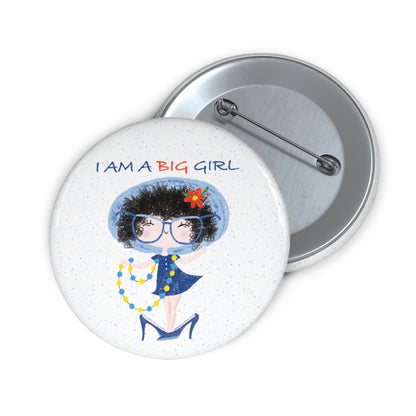 Unique humorous nursery fridge magnet featuring a cartoon girl dressed in a blue outfit, wearing oversized glasses, high heels, and a beaded necklace, with the text 'I am a big girl’, size 3”, kidlic