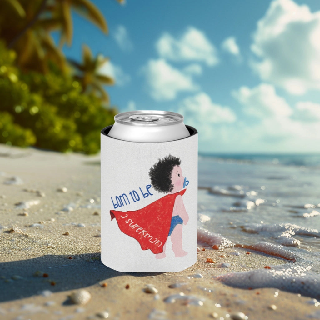 funny superboy-themed can cooler sleeve on the beach, close-up, Kidlic