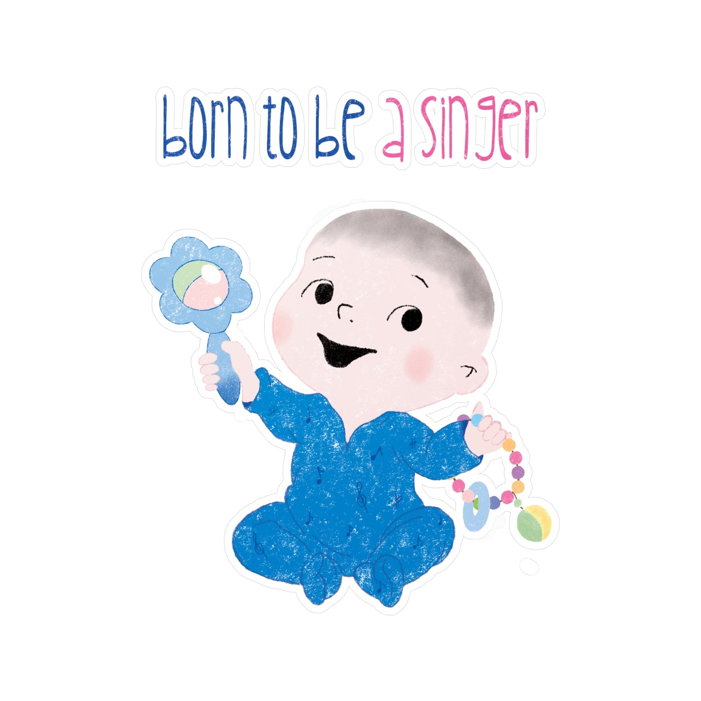 Cute nursery vinyl wall decal featuring a cartoon baby boy holding a rattle, with the text "Born to be a singer”, size 3”x4”, kidlic