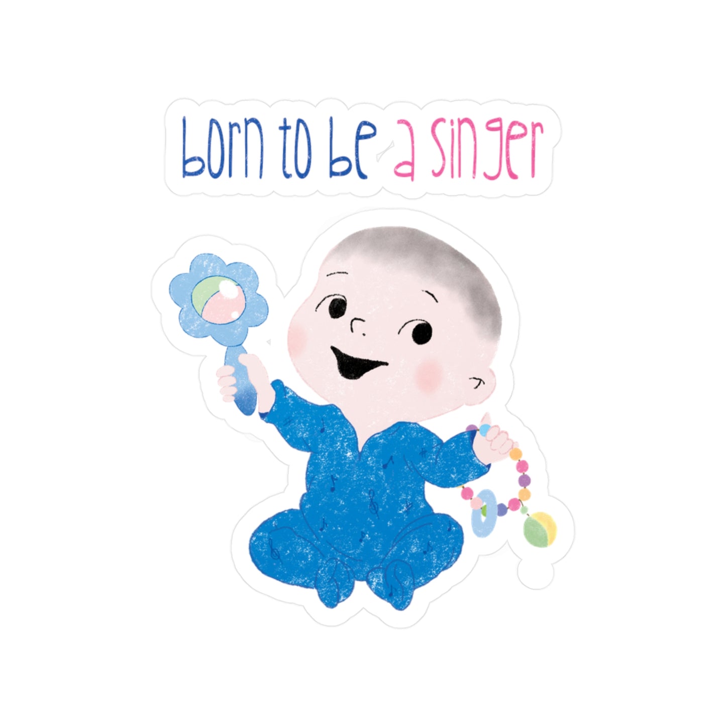 Playful nursery vinyl wall decal featuring a cartoon baby boy holding a rattle, with the text "Born to be a singer”, size 4”x6”, kidlic