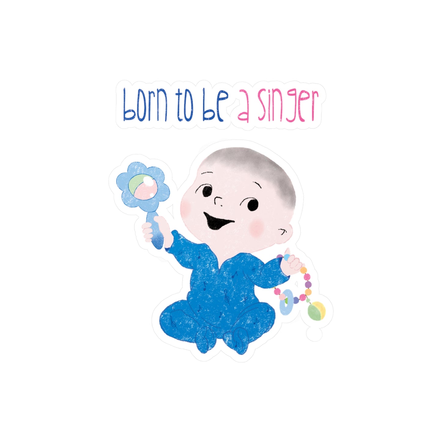 Humorous nursery vinyl wall decal featuring a cartoon baby boy holding a rattle, with the text "Born to be a singer”, size 6”x8”, kidlic