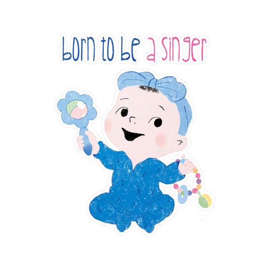 Hilarious baby nursery vinyl wall decal featuring a cartoon baby girl holding a rattle, with the text "Born to be a singer”, size 3”x4”, kidlic