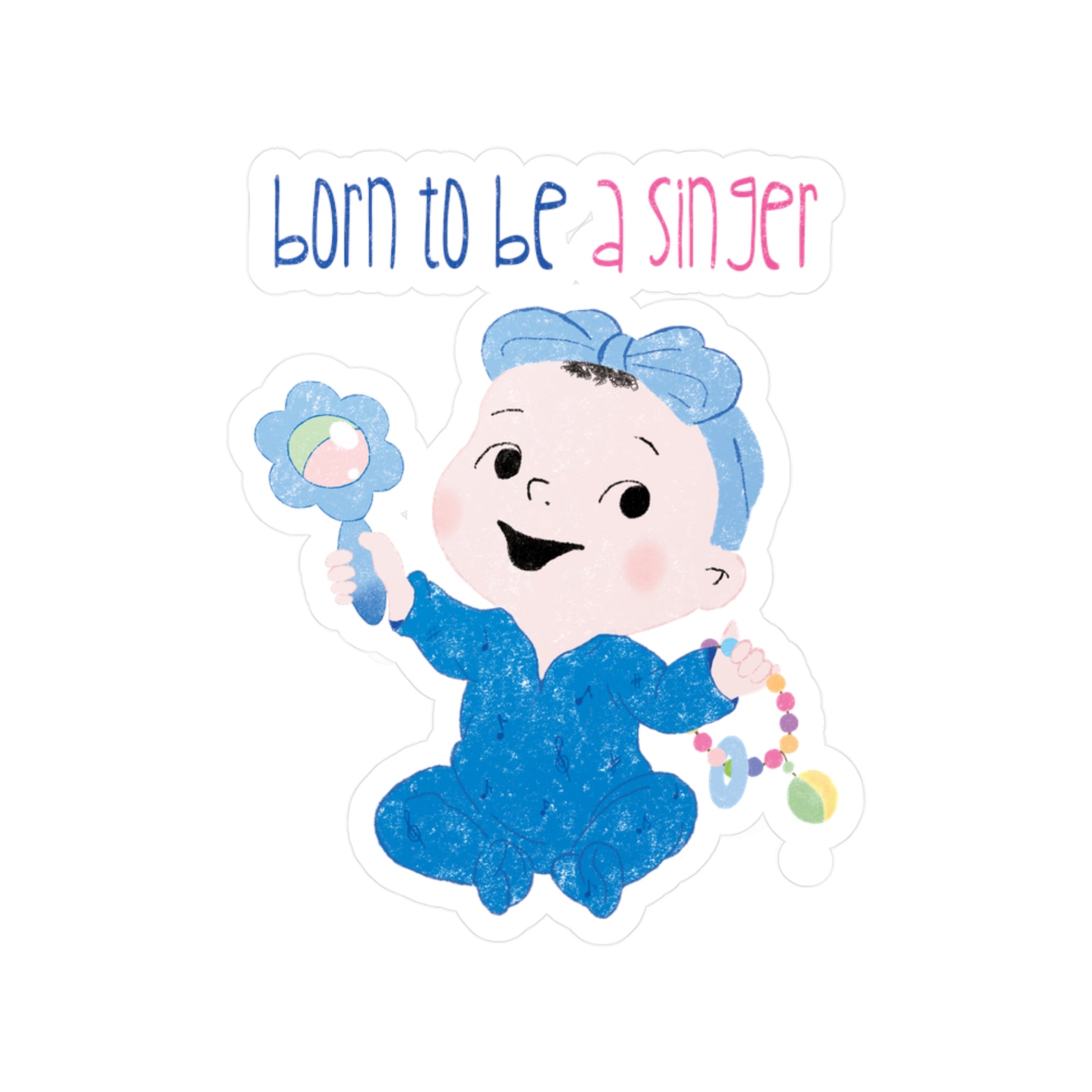 Playful baby nursery vinyl wall decal featuring a cartoon baby girl holding a rattle, with the text "Born to be a singer”, size 4”x6”, kidlic