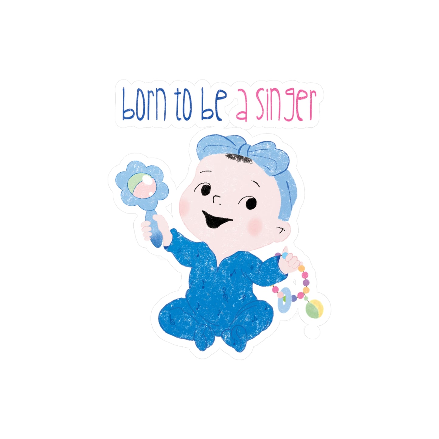 Humorous baby nursery vinyl wall decal featuring a cartoon baby girl holding a rattle, with the text "Born to be a singer”, size 6”x8”, kidlic