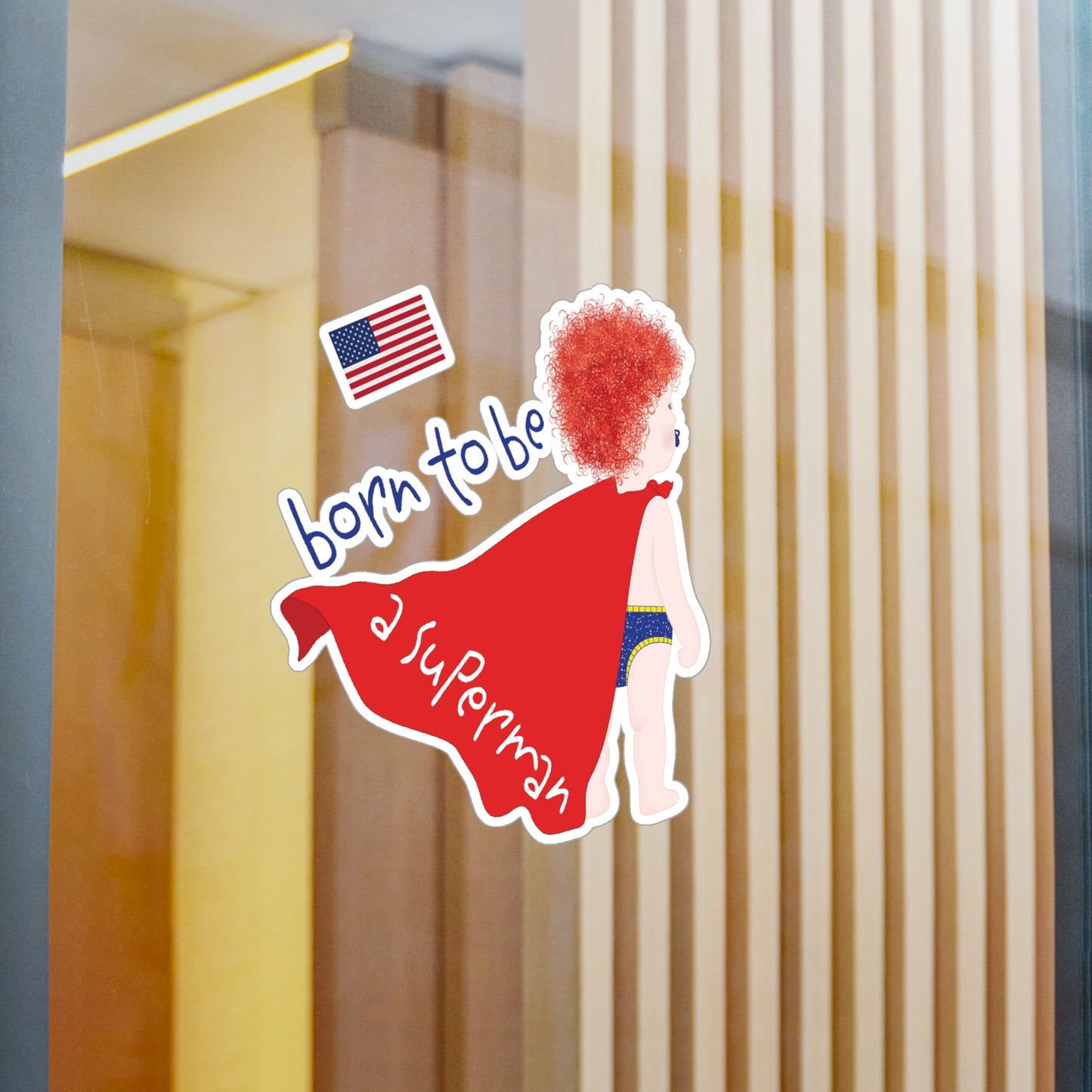 Redhead Superman baby wall decal on glass wall close-up